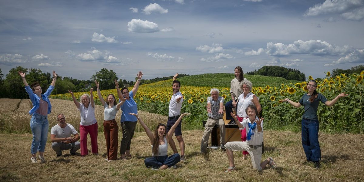 Das Team von Piano Sigrist im Sonnenblumenfeld